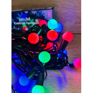 Светодиодная гирлянда нить Шарики 7 м 50 LED, 220V, 1 режим, черный каучуковый провод, цвет свечения rgb 