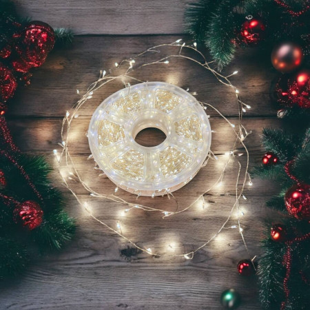 Світлодіодна гірлянда - нитка мішура, 100 м, 3000 LED, 8 режимів свічення, тепле біле світло, IP44, срібний дріт