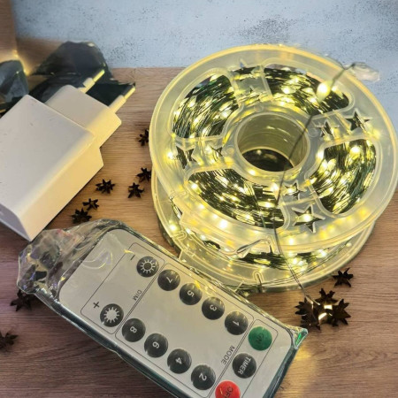 Світлодіодна гірлянда нитка "Роса" 100 м, 1000 LED, 8 режимів, від usb + блочок, пульт, IP65, зелений провід, тепле біле світло