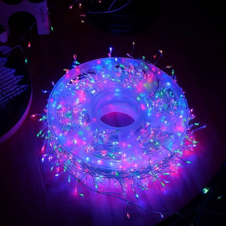 Світлодіодна гірлянда - нитка мішура, 10 м, 300 LED, 8 режимів свічення, світло RGB, IP44, срібний дріт